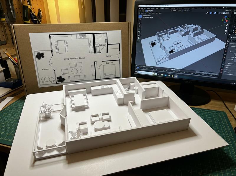  convert this photo into a architecture model. Behind the model, there should be a cardboard box with an image of the architecture from the photo on it. There should also be a computer, with the content on the computer screen showing the Blender modeling process of the figurine. In front of the cardboard box, place a cardstock and put the architecture model from the photo I provided on it. I hope the PVC material can be clearly presented. It would be even better if the background is indoors. 