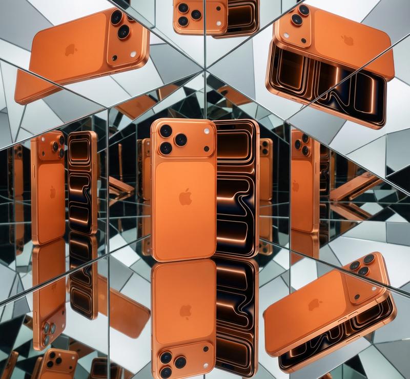 reflected infinitely in angled mirror arrangement, kaleidoscopic effect, clean geometric multiplication, studio lighting creating precise reflections, optical illusion, maximalist minimalism, disorienting elegance, high-concept advertising