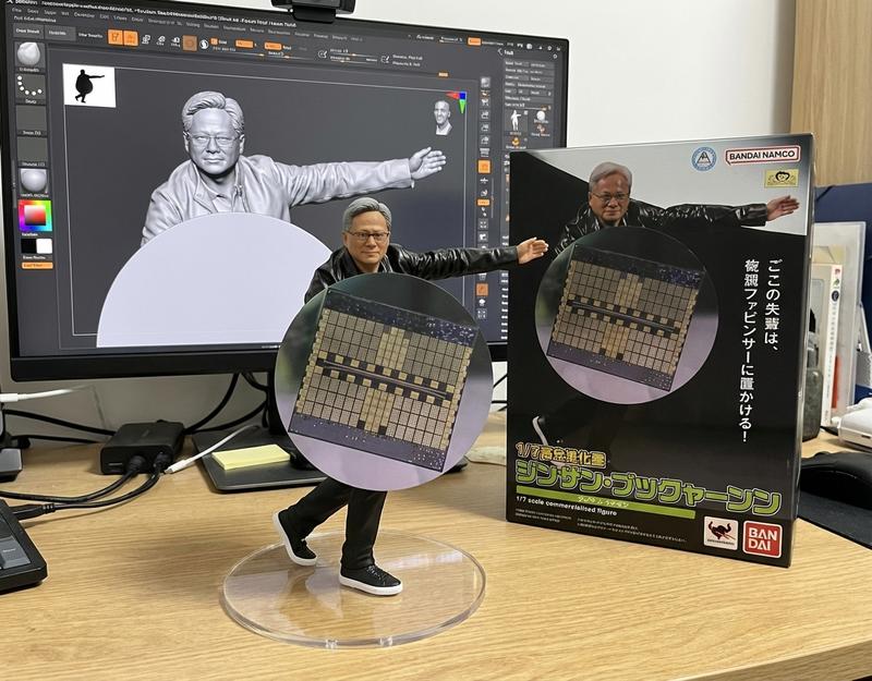 Produce a 1/7 scale commercialized figure of {{prompt}}, with both the style and scene presented in a realistic manner. Place the figure on a computer desk, using a circular transparent acrylic base with no text whatsoever. The computer screen must display the ZBrush modeling process of this figure. Next to the computer screen, place a "BANDAI-style" toy packaging box printed with the original artwork.