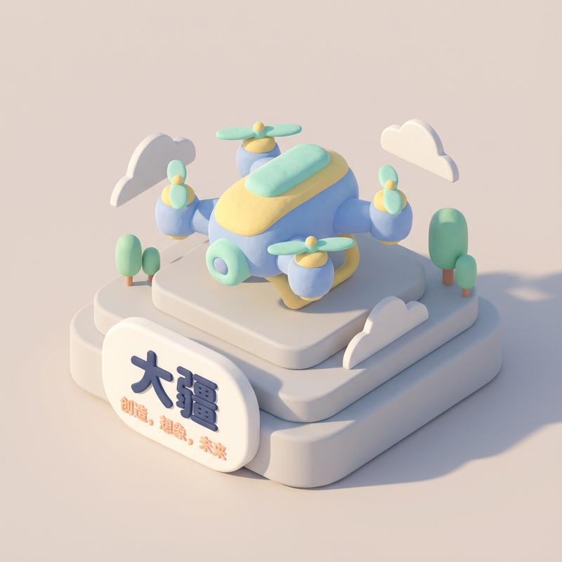 A soft 3D cartoon-style sculpture of [大疆], made of smooth clay-like textures and vibrant pastel colors, placed in a minimalist isometric scene that complements the product’s nature, clean composition, gentle lighting, subtle shadows, with the product’s logo and a 3-word slogan displayed clearly belo