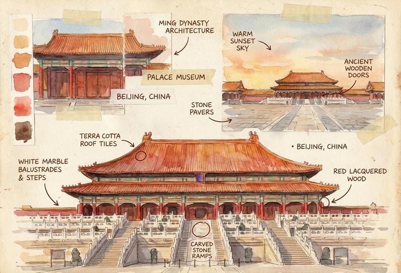 Create an image collage of reference photo watercolor illustration style, handwritten notes describing textures and information
