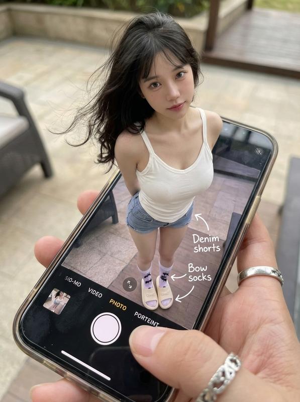 {
  "subject": {
    "description": "A hyper-realistic optical illusion photograph. The character from the provided reference image appears to be stepping out of a smartphone screen held in a hand. The screen displays the camera interface, capturing their lower body, while their real upper body extends out of the phone into reality.",
    "reference_rule": "Strictly maintain the facial features, hair style, and body proportions of the uploaded reference image.",
    "mirror_rules": "Ensure the phone screen clearly shows the iOS Camera UI (shutter button, mode text). Handwritten annotations must be legible and not mirrored.",
    "expression": {
      "eyes": {
        "look": "Engaging and expressive",
        "energy": "Confident, breaking the fourth wall",
        "direction": "Looking at the viewer"
      },
      "mouth": {
        "position": "Natural or playful expression",
        "energy": "Charming"
      },
      "overall": "Lifelike, consistent with the reference character's vibe"
    },
    "face": {
      "preserve_original": "true",
      "instruction": "High fidelity to reference image face",
      "makeup": "Consistent with reference image"
    },
    "hair": {
      "style": "Same as reference image",
      "effect": "Realistic shine, wind-blown effect, extending into the 3D space"
    },
    "body": {
      "frame": "Consistent with reference image",
      "legs": "Visible INSIDE the phone screen interface (2D representation)",
      "torso": "Emerging vertically from the phone into the real world (3D representation)",
      "skin": {
        "visible_areas": "Face, hands (if visible)",
        "texture": "Ultra-realistic skin texture, visible pores, natural lighting"
      }
    },
    "pose": {
      "position": "Torso and head emerging vertically from the phone, legs displayed on the screen",
      "base": "Dynamic motion",
      "overall": "A pose that suggests movement from the digital world to the real world"
    },
    "clothing": {
      "instruction": "Wear the exact outfit shown in the reference image",
      "top": {
        "effect": "High-quality textile photography, popping out of screen"
      },
      "bottom": {
        "details": "Visible on the screen beneath the UI elements"
      }
    }
  },
  "accessories": {
    "jewelry": "Rings on the photographer's hand holding the phone (foreground)",
    "device": "Smartphone. The screen is ACTIVE and DETAILED: it displays the IOS Camera App Interface (white circular shutter button at bottom, 'PHOTO' text).",
    "prop": "On the phone screen: White handwritten-style text overlays with arrows pointing to the outfit elements (e.g., describing the clothes from the reference)."
  },
  "photography": {
    "camera_style": "DSLR photography, Macro lens for phone details",
    "angle": "POV, High angle looking down at hand holding the phone",
    "shot_type": "Composite photography, Optical Illusion",
    "aspect_ratio": "3:4",
    "texture": "Sharp screen pixels, fingerprint smudges on screen, realistic fabric texture",
    "lighting": "Soft natural light matching the reference image",
    "depth_of_field": "Background blurred (Bokeh), Phone screen UI and subject sharp"
  },
  "background": {
    "setting": "Outdoor blurred background or consistent with reference context",
    "atmosphere": "Cinematic, realistic",
    "lighting": "Natural ambient light"
  },
  "the_vibe": {
    "energy": "Creative social media content, 3D Pop-out effect",
    "mood": "Playful and Surreal",
    "aesthetic": "OOTD breakdown, creative edit",
    "authenticity": "Photorealistic texture, not CGI",
    "intimacy": "POV",
    "story": "Bringing the character to life"
  },
  "constraints": {
    "must_keep": [
      "Identity consistency with reference image",
      "Photorealistic skin",
      "Camera UI elements on screen (shutter button)",
      "Handwritten text annotations on screen",
      "Pop-out 3D effect"
    ],
    "avoid": [
      "Transparent phone screen",
      "Blank screen",
      "3D render style",
      "Cartoon",
      "Plastic skin",
      "Changing the character's face"
    ]
  },
  "negative_prompt": [
    "transparent screen",
    "blank screen",
    "glass phone",
    "3d render",
    "cartoon",
    "anime",
    "plastic",
    "drawing",
    "illustration",
    "distorted face",
    "wrong outfit"
  ]
}