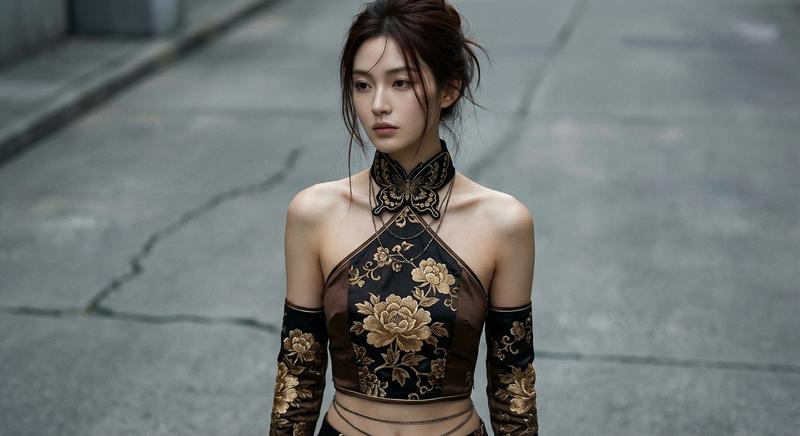 一位极具气质的年轻东亚女性人像，精致清冷的五官，柔顺的深棕色盘发随性散落几缕发丝。她穿着一件极具设计感的改良新中式挂脖上衣，结合了深棕色与黑色的丝绸质感，布料上绣有极其繁复精美的金色牡丹和传统花卉纹样。颈部佩戴着宽大的黑色刺绣蝴蝶形立领，搭配细长的金属项链。双臂佩戴着同色系的刺绣长款袖套，腰间装饰有纤细的金属链条，展现出一种“新中式”与“赛博朋克”碰撞的时尚感。

构图采用中景半身视角，人物神情疏离且优雅。光影呈现出细腻的自然散射光，柔和地勾勒出人物的面部轮廓和精致的锁骨线条，捕捉到皮肤真实的纹理与丝绸面料的微光。配色方案以高级的古铜色、深巧克力棕和墨黑色为主调，点缀着灿烂的香槟金。背景是极简且带有模糊感的灰色水泥路面，带有细微的裂痕纹理，这种冷调的工业感背景完美烘托出主体的华丽与精致。整体风格融合了超写实主义与电影质感，细节极度丰富，呈现出高端时尚大片的视觉张力。
